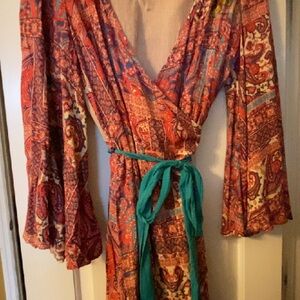 Bohemian Paisley Wrap Dress with Teal Belt